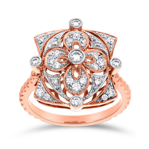 Anillo de Diamantes Florales de Oro Rosa de 18K de Lujo para Mujer con Diamantes Redondos Brillantes, Diseño de Filigrana Abierta Vintage, Joyería Fina - Product Image 1