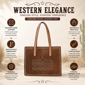 Western Genuine Suede <b>Leather</b> Tote <b>Bag</b> with Embroidered Stitch Detail Large Capacity Shoulder Handbag for Women Everyday Fashion - Product Image 5