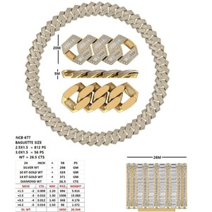 สร้อยคอแบบ Cuban Link ประดับเพชรทรงบาแกตต์สังเคราะห์ทรงกลม สองสี ทองคำแท้ 14K หนักแน่น โดดเด่น สไตล์ฮิปฮอป ประดับเพชรเต็มเส้น - Product Image 3