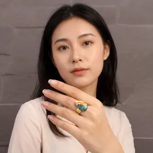 Trendy fashion jewelry pear shape mohave oyster turquoise gold plated open <b>adjustable</b> <b>ring</b> wholesaler price statement <b>ring</b> gift - Product Image 1