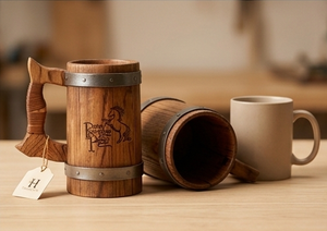 แก้วเบียร์ไม้ทำมือรักษ์โลกพร้อมหูจับ แก้วไม้สลักลายแบบเรียบง่าย ใช้ซ้ำได้ เหมาะสำหรับดื่มและเป็นของขวัญ - Product Image 2