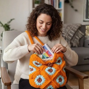 Sac à bandoulière en crochet de qualité supérieure, style bohème, fait main, en forme de pétale d'automne, sac fourre-tout tricoté pour femmes, disponible à la vente - Product Image 6