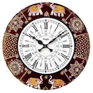 Decorative Analog <b>Wall</b> <b>Clock</b> Rajasthani Elephant Painting Brown Wooden <b>Clock</b> for Living Room - Product Image 6