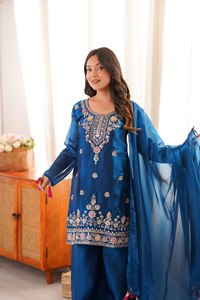 Conjunto de Salwar Kameez de Seda Azul Bordado, Traje Tradicional Étnico Indio/Pakistaní para Mujer, Ropa de Fiesta de Verano, Dupatta, Secado Rápido para Bodas - Product Image 1