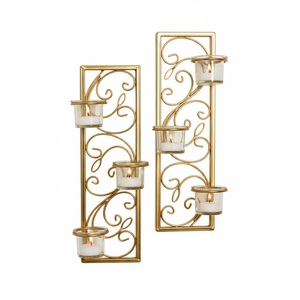 Juego de 2 candelabros de pared de metal dorado, portavelas de hierro para colgar en la pared, para decoración del hogar, bodas y sala de estar - Product Image 2