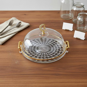 Beautiful pattern Round Glass <b>Cake</b> Platter With Gold Rim And Dome <b>Cover</b> Moon Star Handle Reusable Dessert Display <b>Stand</b> - Product Image 1