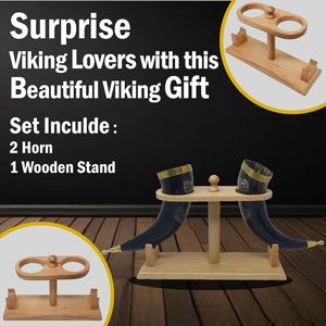 Corne à boire viking en corne de buffle naturelle avec support en bois, imitation antique sculptée, tasse médiévale rustique - Product Image 5