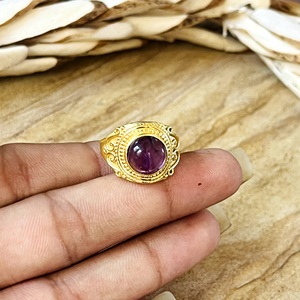 Bagues en laiton aspect haut de gamme, bague tribale en améthyste, bijoux bohèmes en laiton pour femme, plaqué or 18 carats, filigrane perlé, vente en gros/OEM/ODM - Product Image 3