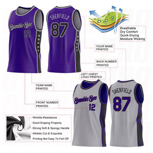 Ensemble maillot et short de basketball réversible personnalisé violet, noir, gris avec impression par sublimation étoile double face, manches légères - Product Image 3