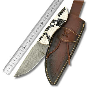 Cuchillo de caza de hoja fija de acero de Damasco hecho a mano con punta caída, mango de nido de abeja, funda de cuero, supervivencia, grado industrial OEM - Product Image 6
