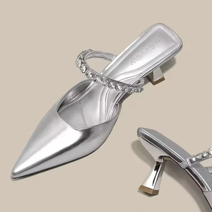 Chaussures élégantes pour femmes à talons fins et bout pointu en cristal, à enfiler, en PU, semelle en caoutchouc, collection été, offre spéciale - Product Image 2