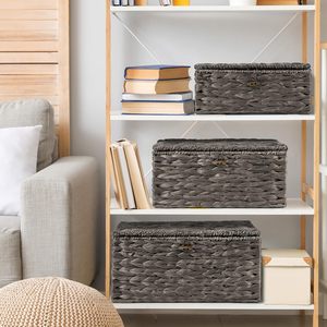 High Quality Eco-Friendly Rustic Water Hyacinth Set 3 Woven <b>Storage</b> Baskets Lid Customized Color Multi-Purpose Multifunction - Product Image 4