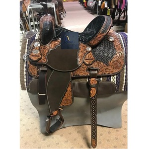 Selle de cheval Western en cuir brun foncé pour barrel racing, avec siège noir tressé à la main à motifs floraux et ensemble de harnais, de 10 à 18 pouces - Product Image 1