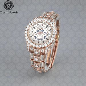 Montre de luxe pour homme Charm_Jewells en acier inoxydable, or rose, incrustée de diamants, analogique, mécanique, cadran de 40 mm, verre, fermoir papillon - Product Image 1