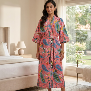 Bata Kimono de Algodón con Estampado Floral Paisley Rosa, Cuello en V, Manga Larga, Bata de Estar por Casa, Bata de Baño, Bata de Spa con Bolsillos - Product Image 2