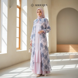 Vestido Gamis Musulmán para Mujer Shouqin Hameeda, Satén y Seda, Elegante Estampado Floral, Conjunto Interior y Exterior, Abaya Modesta - Product Image 2