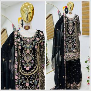 Nouvelle collection de créateurs, Salwar Kameez Dupatta en Georgette Fox, style ethnique indien traditionnel, avec broderie riche, séchage rapide, pour mariages - Product Image 2