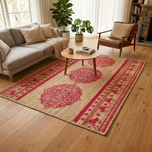 Alfombra de Yute Natural con Estampado Floral Rosa, Alfombra Decorativa Hecha a Mano para Hogar Moderno - Product Image 2