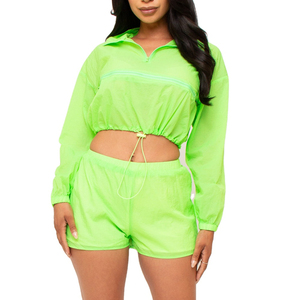 Ensemble veste coupe-vent et short multicolores pour femme, manches longues, en polyester tricoté, logo personnalisé, col rabattu, coupe ample, décontracté - Product Image 3