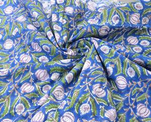 Blue Floral Hand Block Printed Cotton Fabric | Soft Breathable Indian Cotton Yardage for Dresses <b>Curtains</b> Sleepwear many more. - Product Image 1