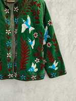Blazer pour femme Karam Industries, fabriqué à la main en Inde, en velours vert émeraude, broderie Suzani, 300 GSM, manches longues, motif floral colibri