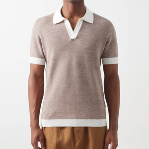 Polo en coton tricoté pour homme, manches courtes, couleur unie, respirant, style décontracté, rose clair avec bordure blanche - Product Image 3