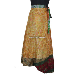 Falda Larga Boho Hippie Vintage de 2 Capas, Falda Larga Envolvente Reversible de Seda Mágica de 2 Capas, Sari de Seda Mágica Vintage Reversible - Product Image 5