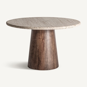 Table à manger ronde moderne en travertin avec piétement en bois de manguier massif |   Table à manger de luxe avec plateau en pierre - Product Image 2
