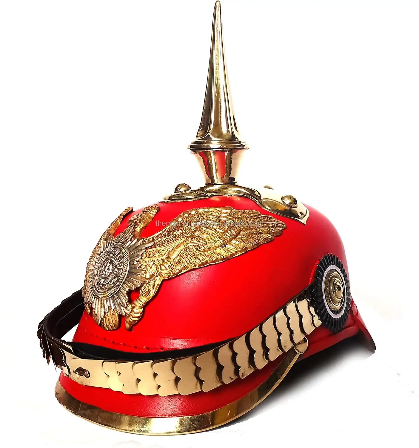 Kırmızı deri alman Pickelhaube kask ortaçağ emperyal Prussian kask pirinç askeri memur çivili erkek kostüm