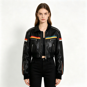 Custom Cropped Leather Motorcycle <b>Jacket</b> Women OEM Retro Racing <b>Biker</b> <b>Jacket</b> with Colorful Stripes Girl Short Riding <b>Jacket</b> - Product Image 5