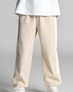 Pantalon de survêtement décontracté pour homme, beige, avec bande latérale, taille élastique, tricoté, respirant, longueur intégrale, poids moyen - Product Image 5