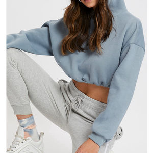 Sweat-shirt décontracté pour femme, bleu clair, coupe courte, avec cordon de serrage à la taille, manches longues, en polaire, pour l'automne - Product Image 5