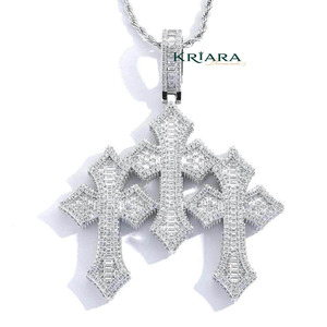 <b>Cross</b> Pendant 925 Silver 18K Gold Plated Lab Grown Baguette Crystal Hiphop Unisex Everyday Wear - Product Image 2