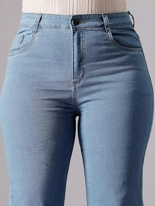 Sexy Mid-Waist Wide-Leg <b>Boot</b> Cut Knee Length Women's Jeans Stretch Denim - Product Image 5