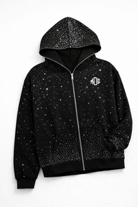 Sudadera con capucha negra de mujer con cremallera y pedrería, de peso pesado, con detalles brillantes, estilo urbano, proveedor mayorista - Product Image 3