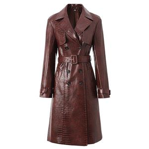 Manteau trench en cuir véritable gaufré marron coupe-vent avec ceinture, manches longues, col rabattu, veste d'automne pour femme - Product Image 3
