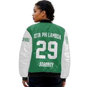 Iota Phi Lambda Women Custom Chapter Varsity Jacket Emerald Green White Greek Letter Crest Front Back Year Zip Bomber Jacket - Product Image 2