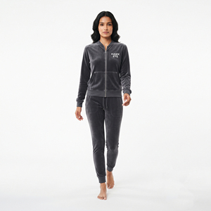 Women's Dark Gray <b>Velour</b> <b>Tracksuit</b> Full Zip Hoodie Jogger Set Solid Color Casual Winter Wear With Front Logo - Product Image 3