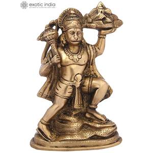 Estatua de Lord Hanuman de latón de 7 pulgadas hecha a mano de La India sosteniendo la montaña de hierbas (Sanjeevani Booti) regalo de escultura - Product Image 2