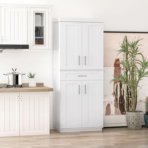 Modern <b>White</b> Kitchen Pantry <b>Cabinet</b> <b>Storage</b> with 4 Particle Board Doors Drawer 3 Adjustable Shelves for Dining Room - Product Image 3