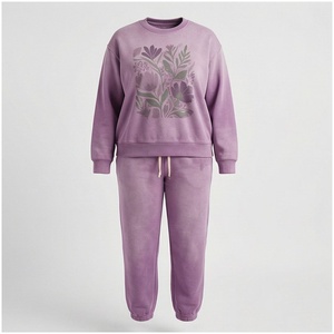 100% Cotton <b>Women</b> Midweight <b>Fleece</b> 2-Piece Vintage Hooded Sweatpants & Jacket Set Fall Winter <b>Jogger</b> Tracksuit - Product Image 1