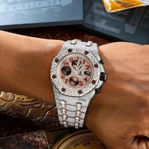 Iced Out Moissanite Chronograph Watch Stainless Steel <b>Round</b> Shape Diamond Wristwatch Analog Dial Men's for Party Wear - Product Image 4