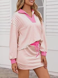 Ensemble pull tricoté rayé pour femme, rose et blanc, manches longues, col rabattu, tenue décontractée printemps, style automne à volants - Product Image 4