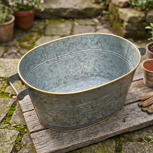 Antique Galvanized Zinc Oval Beverage Tub With Vintage Cast Handles Gold Rim Trim Rustic Garden Party For Wine Drinks - Product Image 2