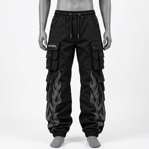 <b>Mens</b> Black <b>Cargo</b> Jogger Pants <b>Grey</b> Flame Print Multi Pocket Baggy Streetwear Trousers Elastic Cuff Custom OEM ODM Wholesale Supp - Product Image 4