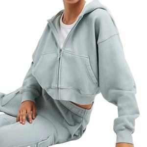 <b>Women's</b> Cropped Hooded Sweatshirt Solid Color Full Sleeve Fleece Casual <b>Zip</b>-<b>Up</b> <b>Top</b> With Pockets Autumn Wear - Product Image 1