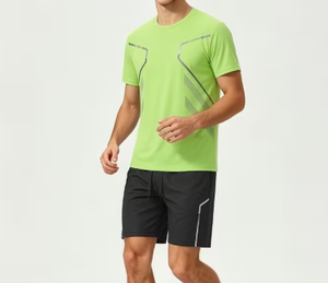 Ensemble T-shirt de tennis imprimé 3D vert citron à col en V et short noir pour homme – Respirant, anti-humidité, coupe régulière, taille élastique – Idéal pour l'été - Product Image 5