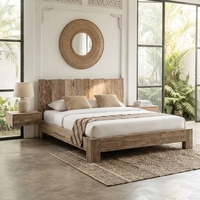 Cadre de lit moderne en bois massif avec sommier à lattes, tête de lit style teck naturel, lit plateforme en bois taille Queen, ensemble de chambre portable pour hôtel et maison