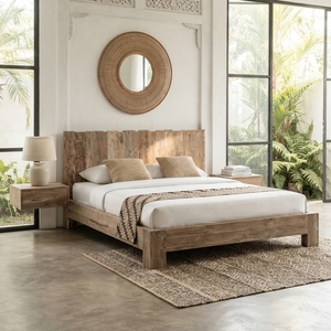 Solid Wood <b>Bed</b> <b>Frame</b> Rustic Log Slat Headboard <b>Queen</b> <b>Size</b> Natural Teak Style Wooden Platform <b>Bed</b> Bedroom Set Home Furniture - Product Image 4