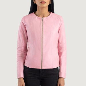2026 Wholesale New Pink PU Leather Moto <b>Jacket</b> Women Full Sleeve O-Neck Zipper Closure Solid Color Autumn Wear Regular Length - Product Image 5